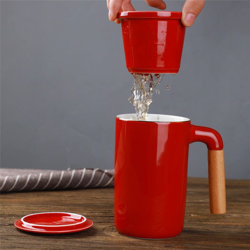 Japanese-Style Ceramic Mug with Lid, Filter & Tea Separation