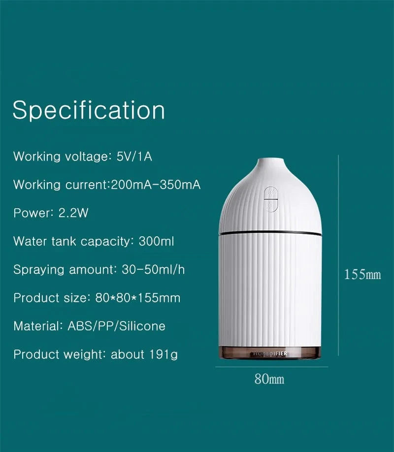Aromatherapy USB Ultrasonic Humidifier & Essential Oil Diffuser with LED Light (300ml)
