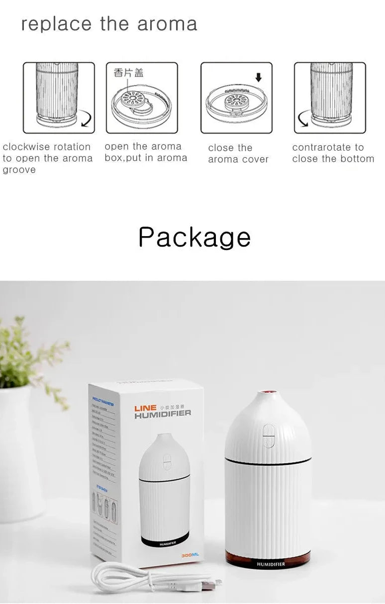 Aromatherapy USB Ultrasonic Humidifier & Essential Oil Diffuser with LED Light (300ml)