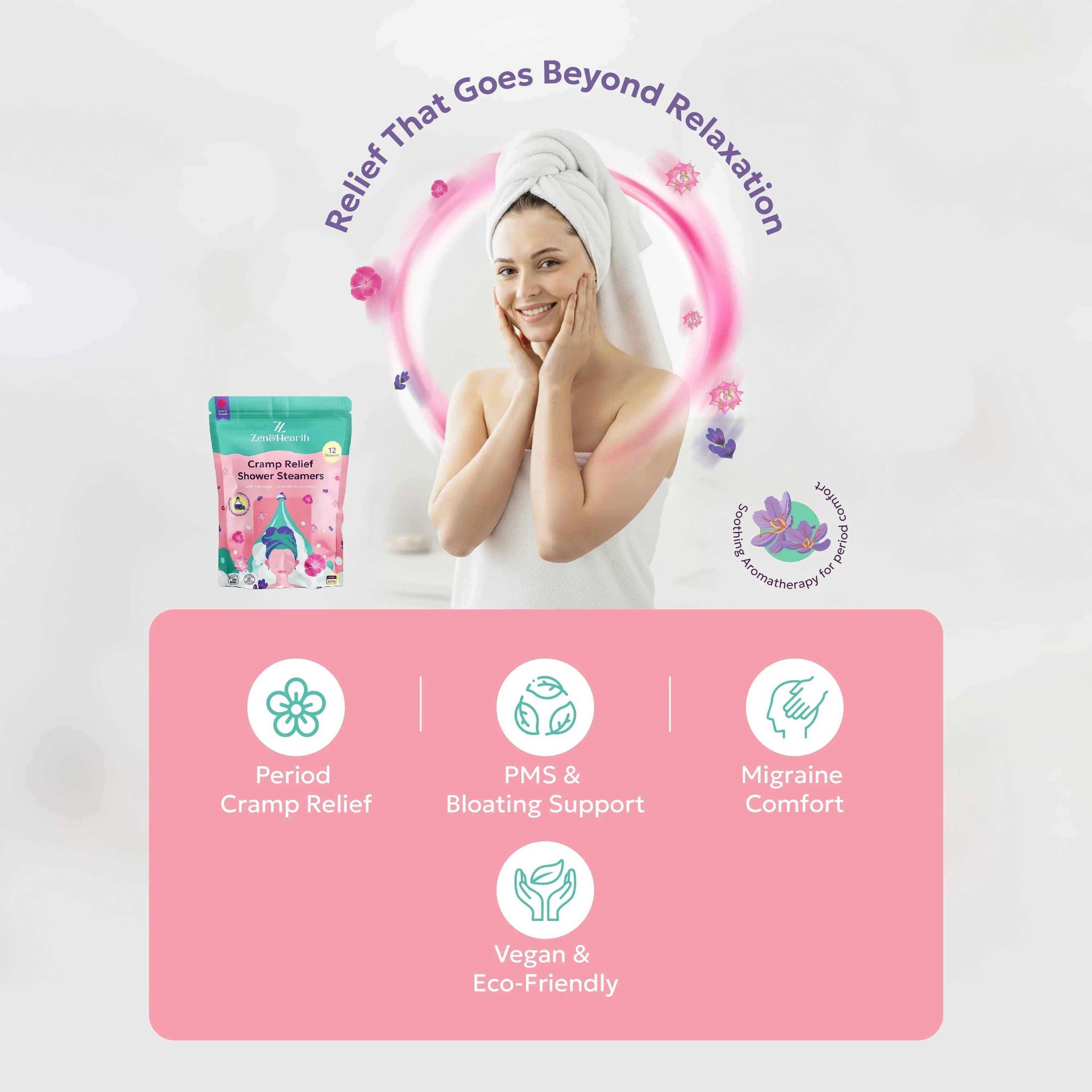 Zen & Hearth Diffuseurs de Douche Anti-Crampes – Cadeau Bien-Être Menstruel pour Femmes et Adolescentes, Comprimés d'Aromathérapie à la Sauge Sclarée, Lavande et Géranium pour la Détente et le Confort du Cycle – Fabriqué au Canada