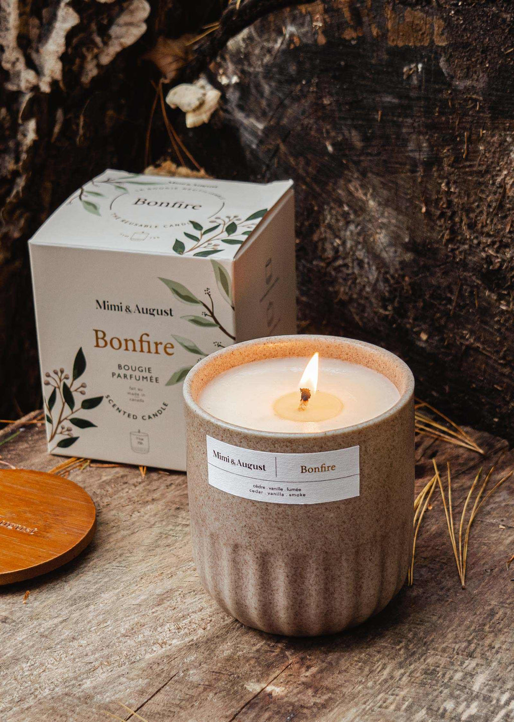 Bonfire Reusable Soy Candle – Cedar, Vanilla & Smoke | Mimi & August