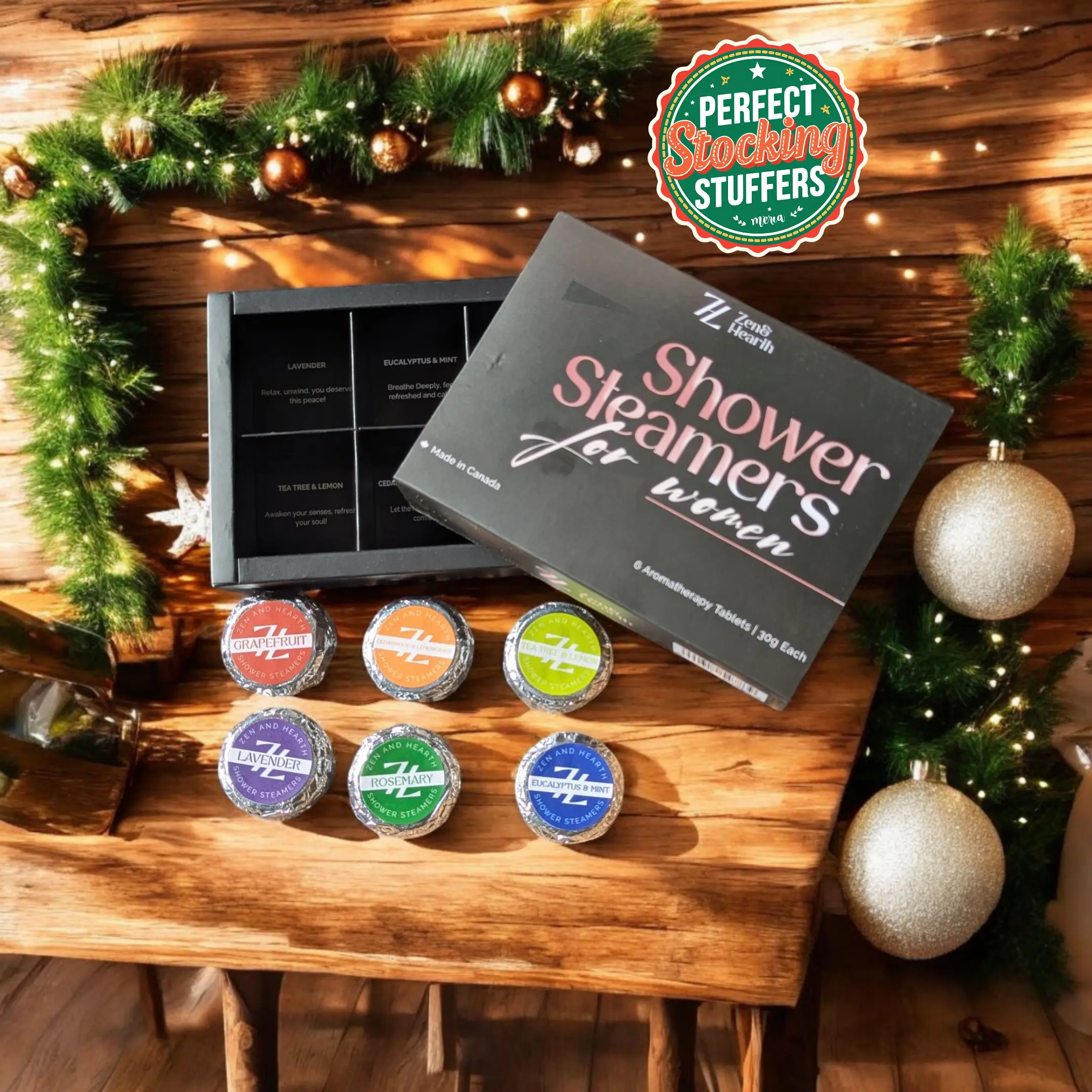 Zen & Hearth – Bombes de douche pour femmes – Coffret cadeau d'aromathérapie de 6 pièces, bombes de douche naturelles aux huiles essentielles pour la relaxation, le bien-être et les cadeaux de fête des mères pour maman, épouse, grand-mère